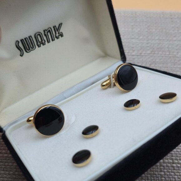 Swank Gold And Black Cuff Links With Accessories B790 - Picture 2 of 6